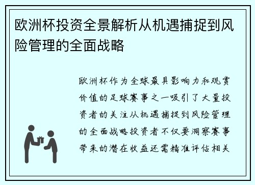 欧洲杯投资全景解析从机遇捕捉到风险管理的全面战略