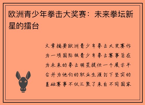 欧洲青少年拳击大奖赛：未来拳坛新星的擂台